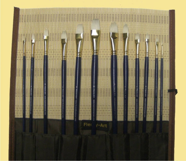FLEURY Pinsel Set mit 12 Nylon-Pinsel inkl. Pinsel-Matte aus Bambus