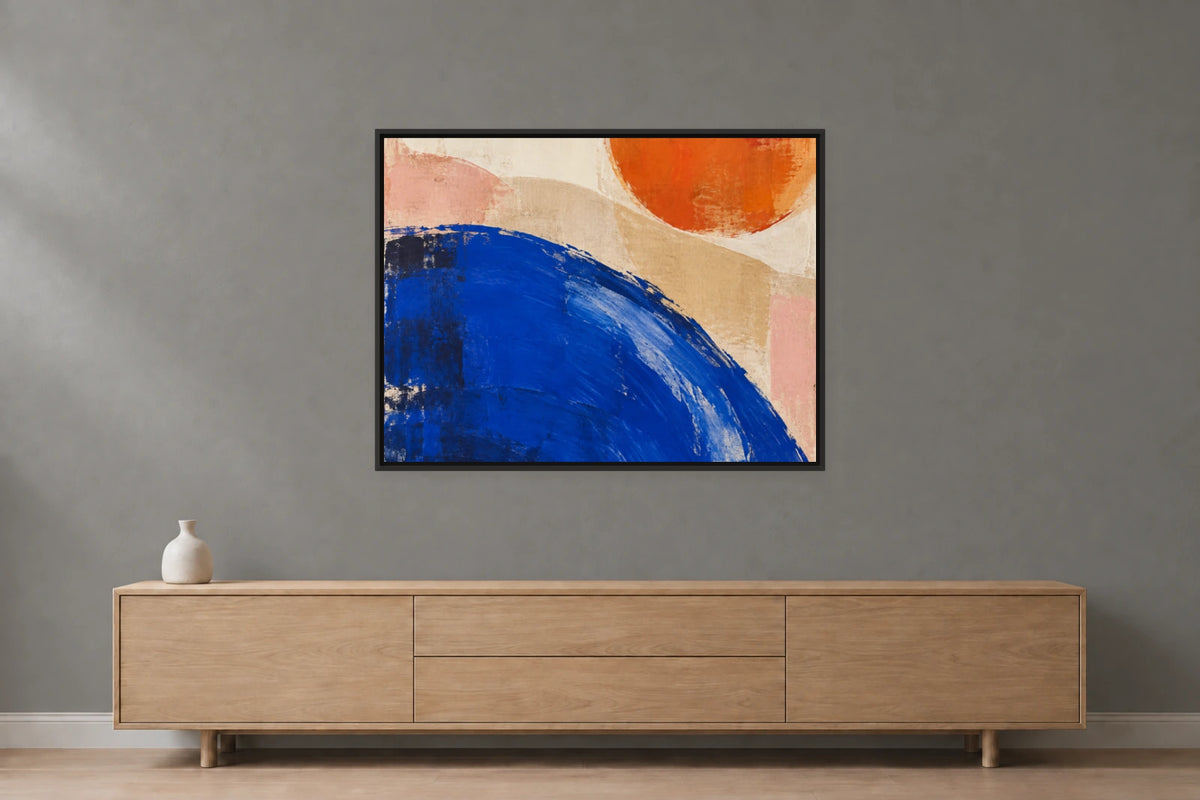 Fleury Rahmen G466-223, Schwarz matt, mit 80 × 60 cm Leinwand vor grauer Wand, 8 mm Schattenfuge.
