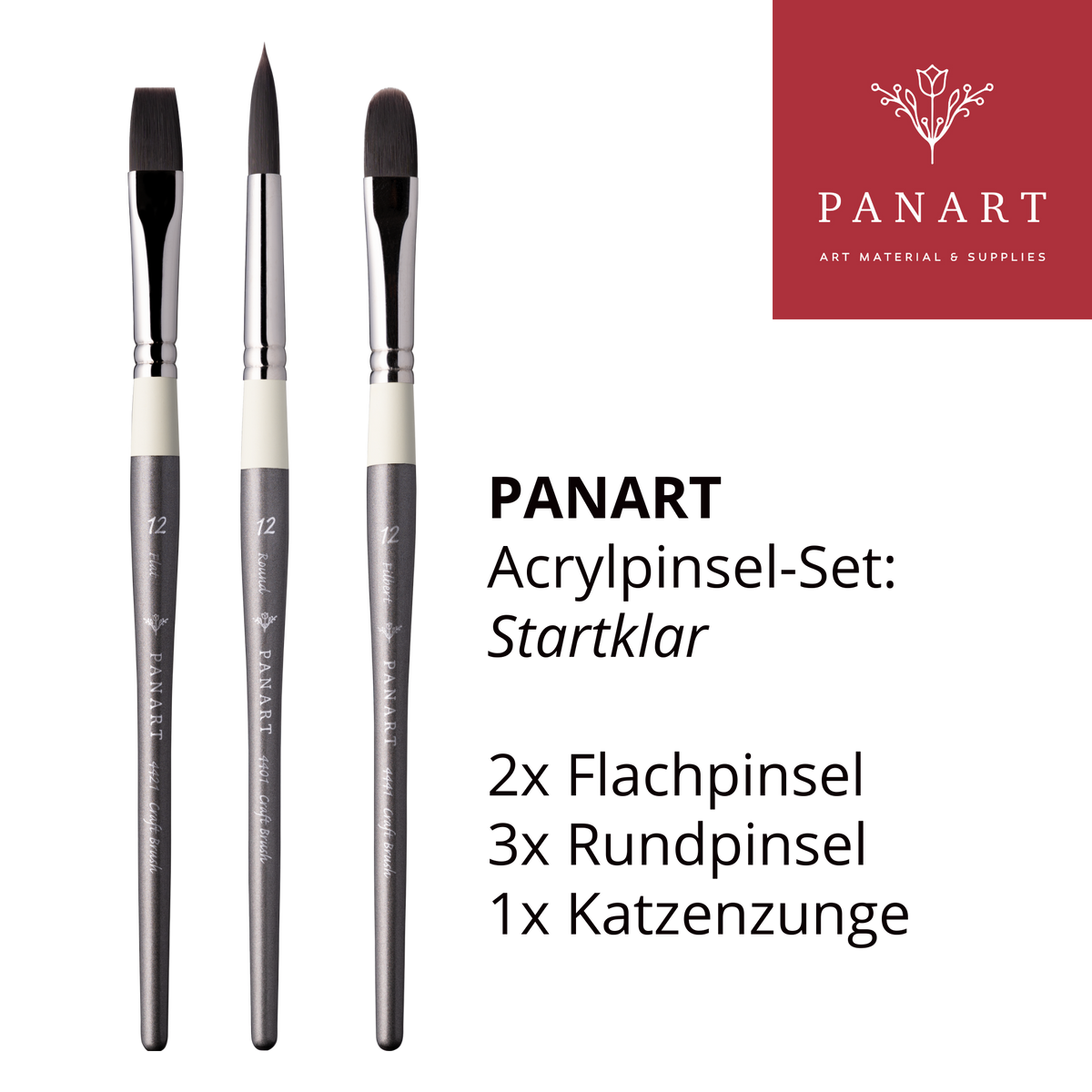 PANART Startklar: Rundpinsel, Flachpinsel und Katzenzungenpinsel als Formenübersicht