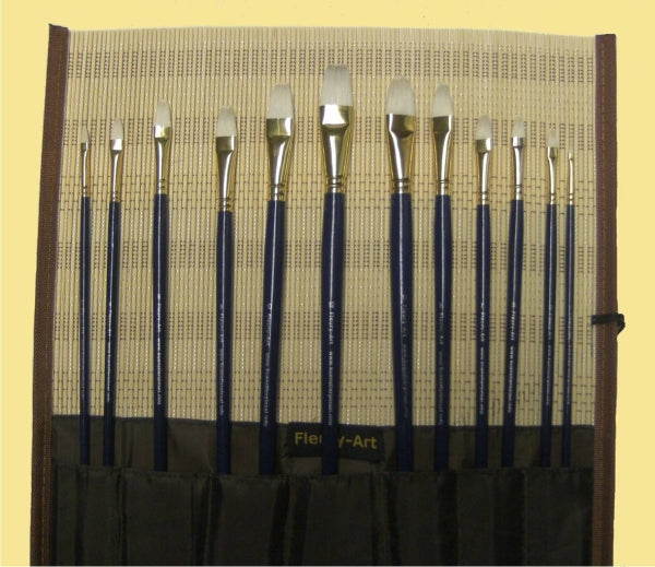 FLEURY Pinsel Set mit 12 Wieselhaar-Pinsel inkl. Pinsel-Matte aus Bambus