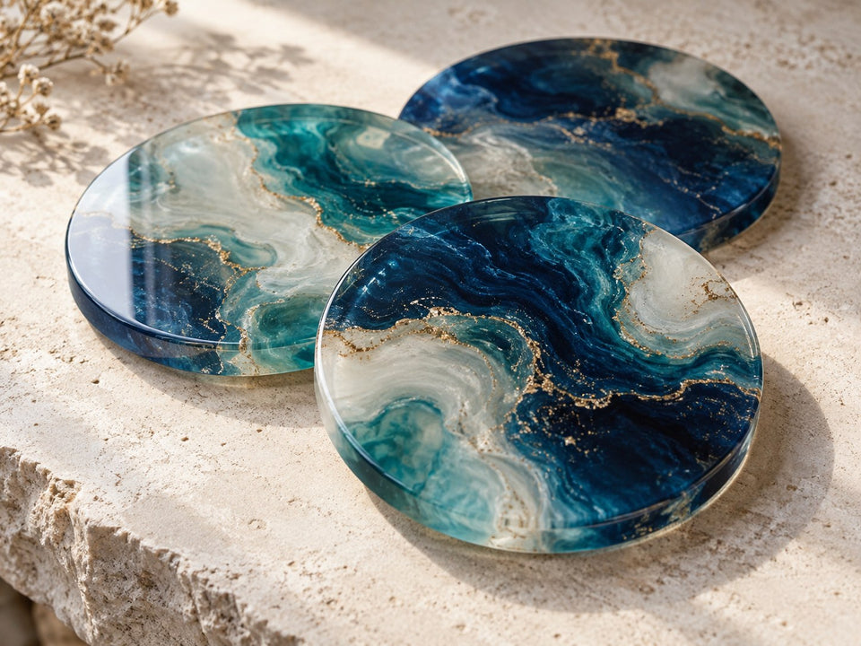 Dekorative Untersetzer in Blau und Weiss als Idee für ein erstes Resin-Projekt